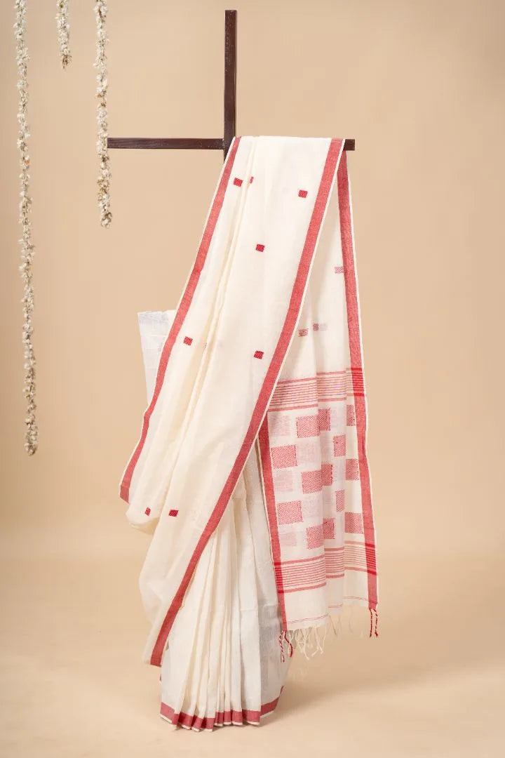 Red Checked Handwoven Bengal Cotton Saree - view 2