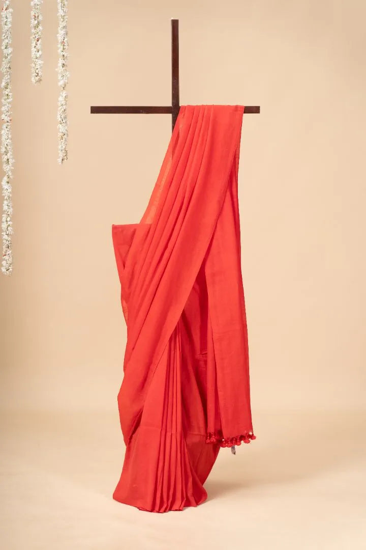 Red Handloom Mul Cotton Saree - view 2