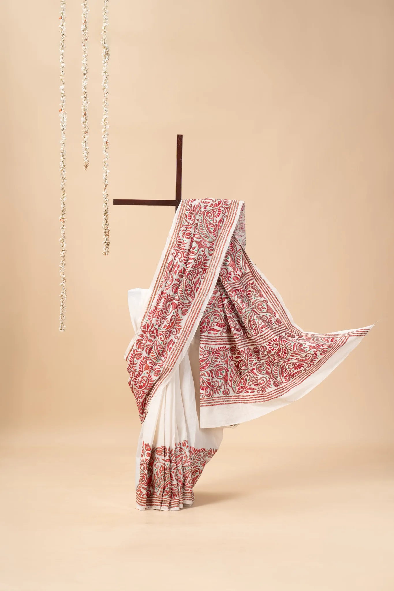 Red Nakshi Kantha Handwoven Cotton Saree - view 2