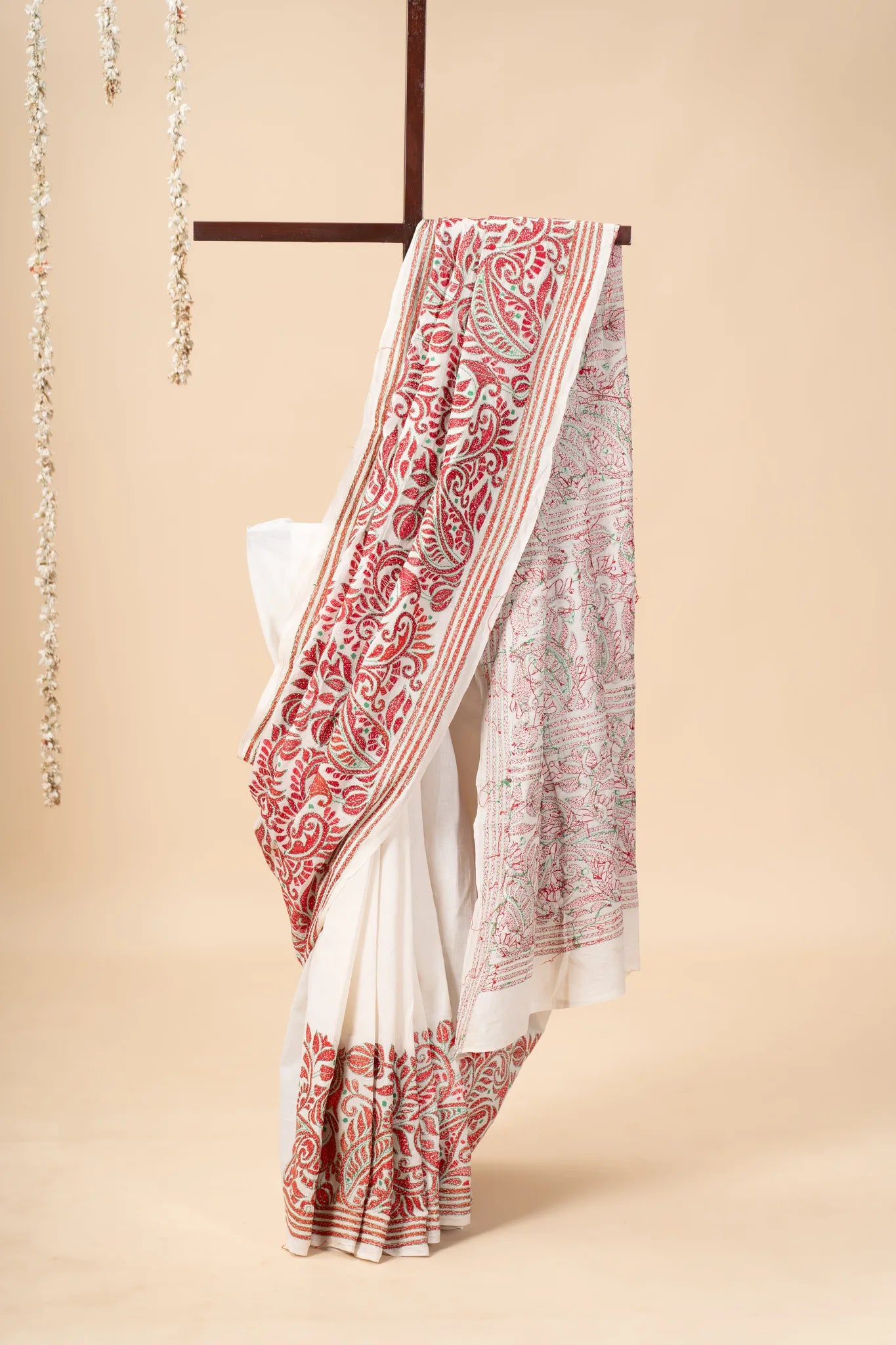 Red Nakshi Kantha Handwoven Cotton Saree