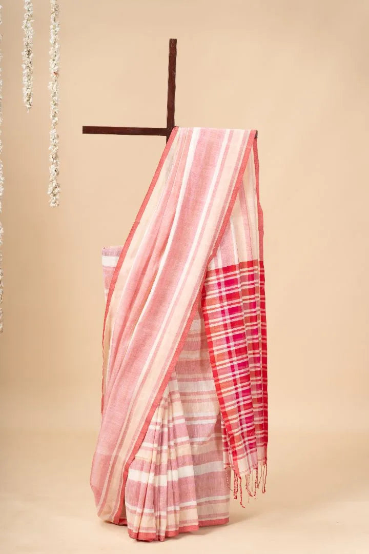 White and Red Handwoven Bengal Cotton Saree - view 2