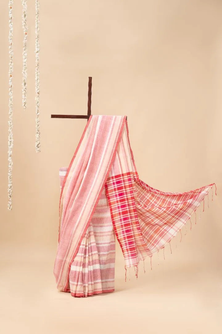 White and Red Handwoven Bengal Cotton Saree