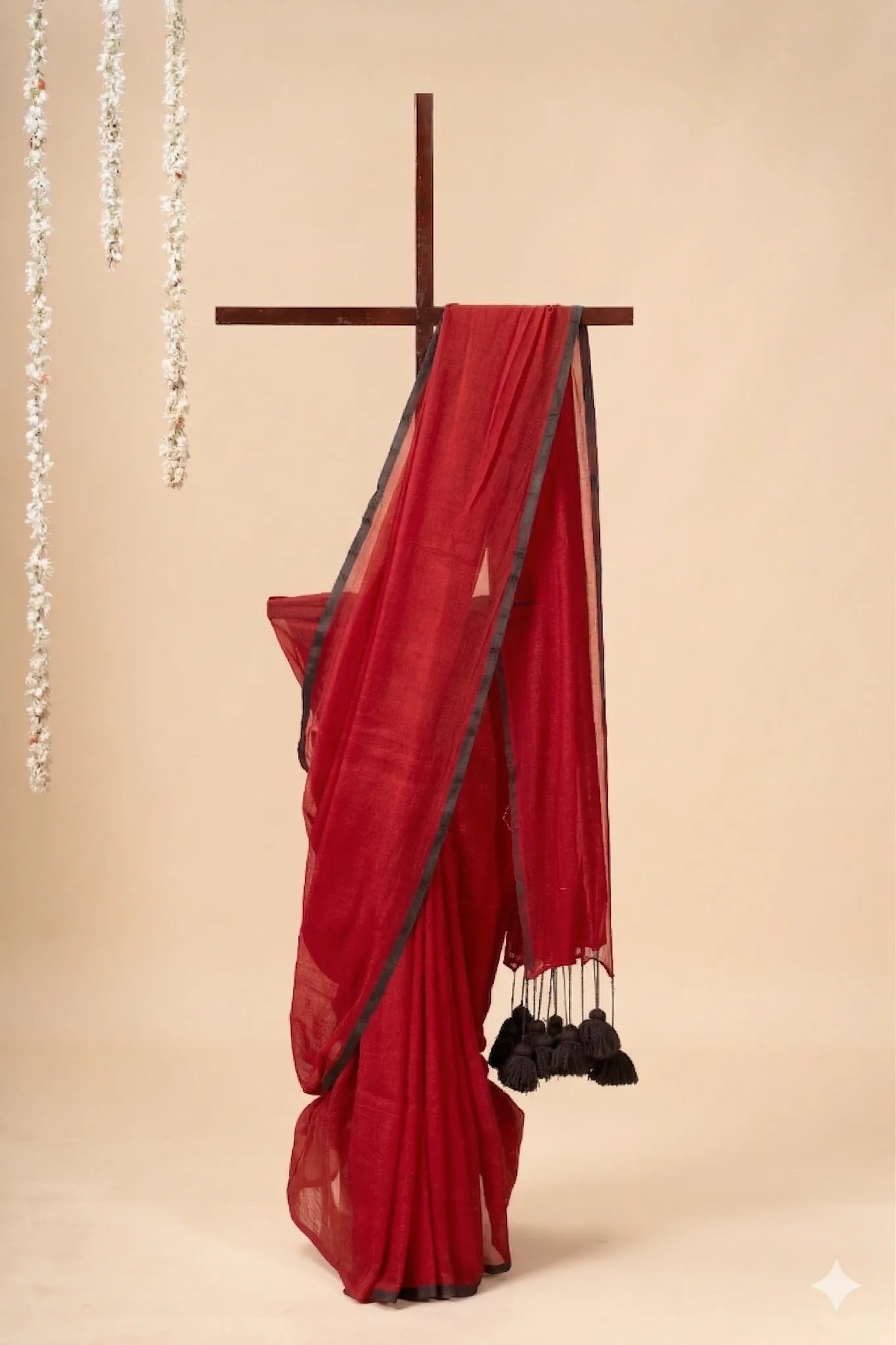 Red Mul Cotton Saree with Black Pom-Pom - view 2