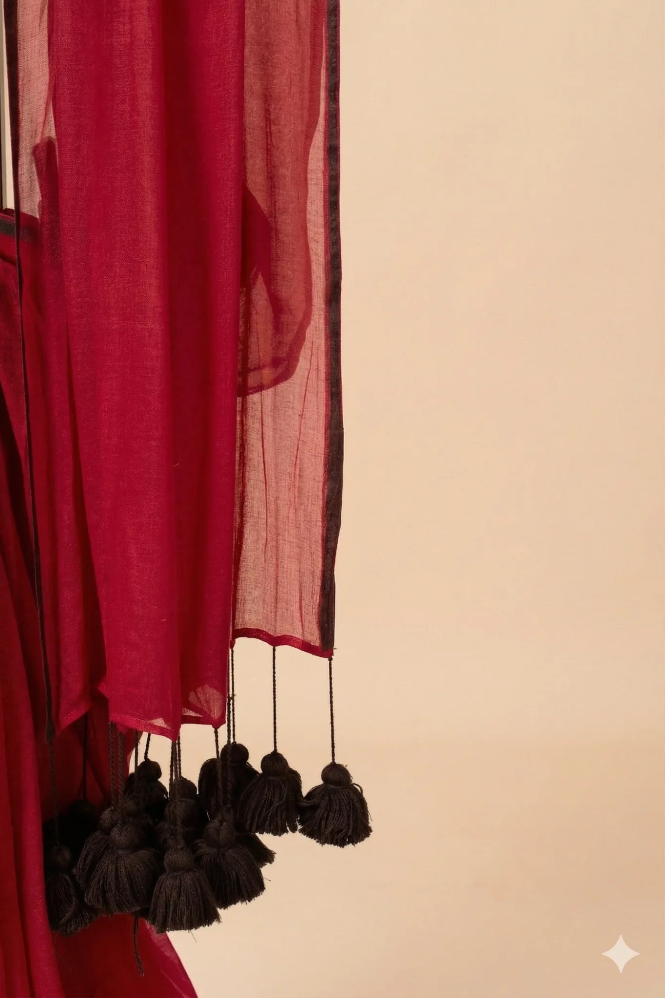 Red Mul Cotton Saree with Black Pom-Pom - view 3