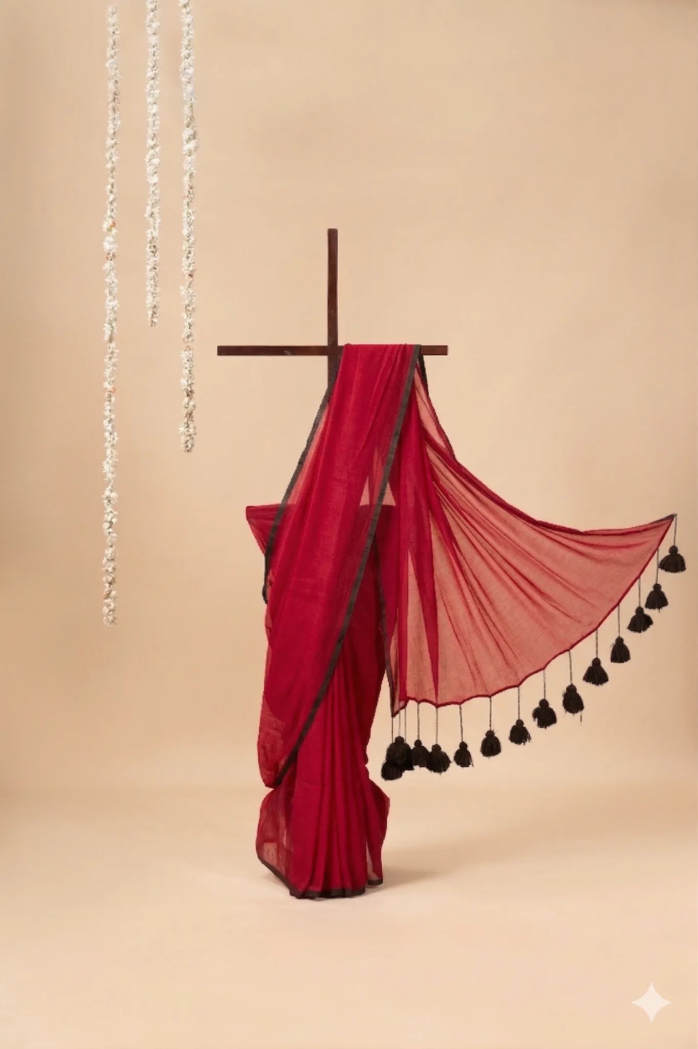 Red Mul Cotton Saree with Black Pom-Pom