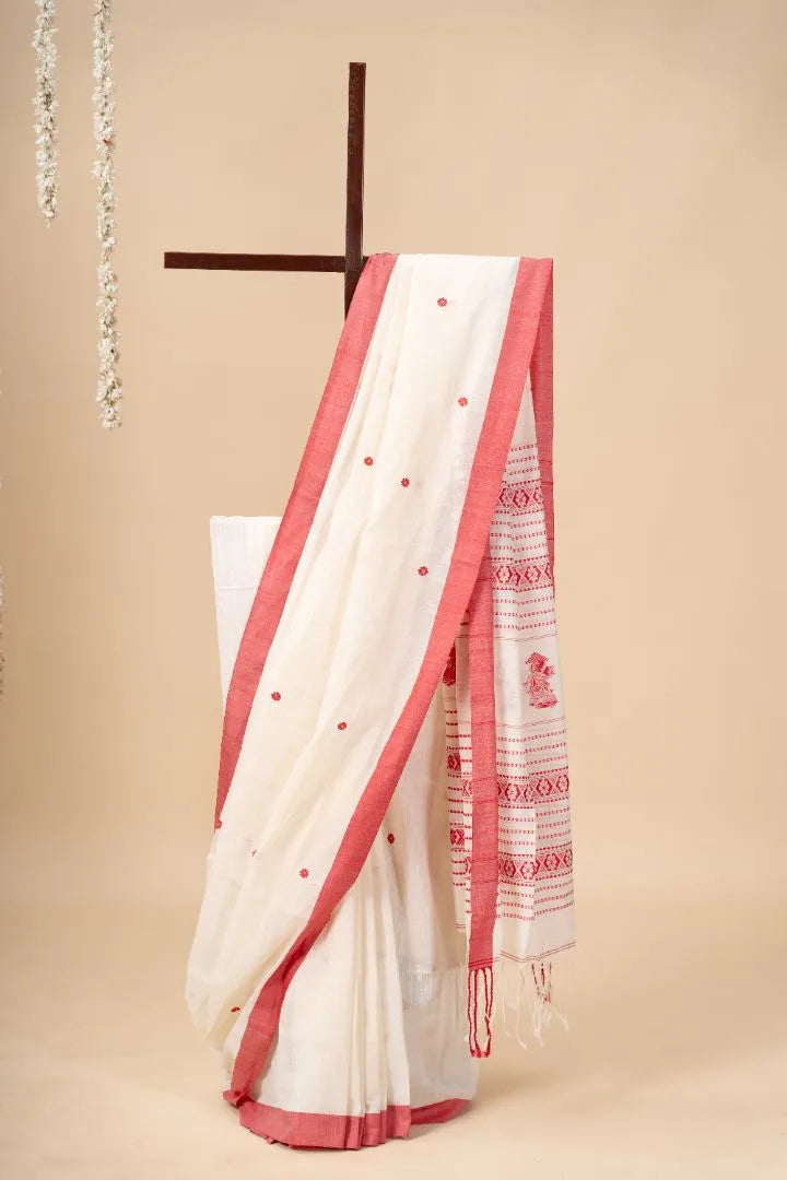 Red Striped Handwoven Bengal Cotton Saree - view 2
