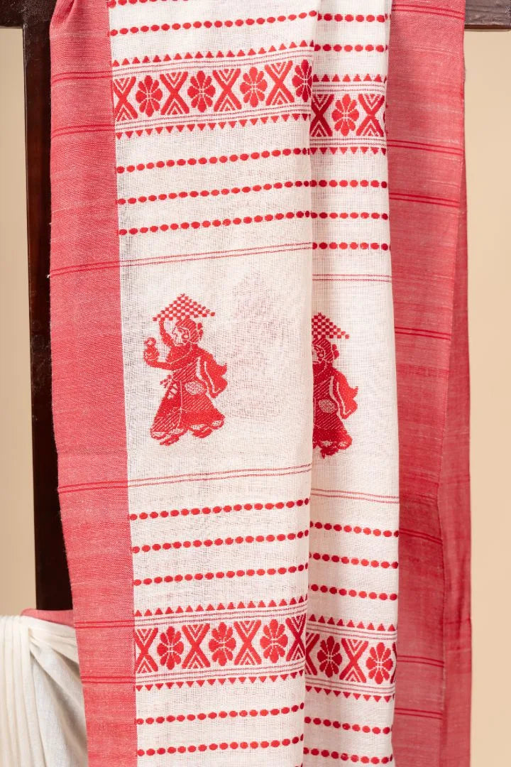 Red Striped Handwoven Bengal Cotton Saree - view 3
