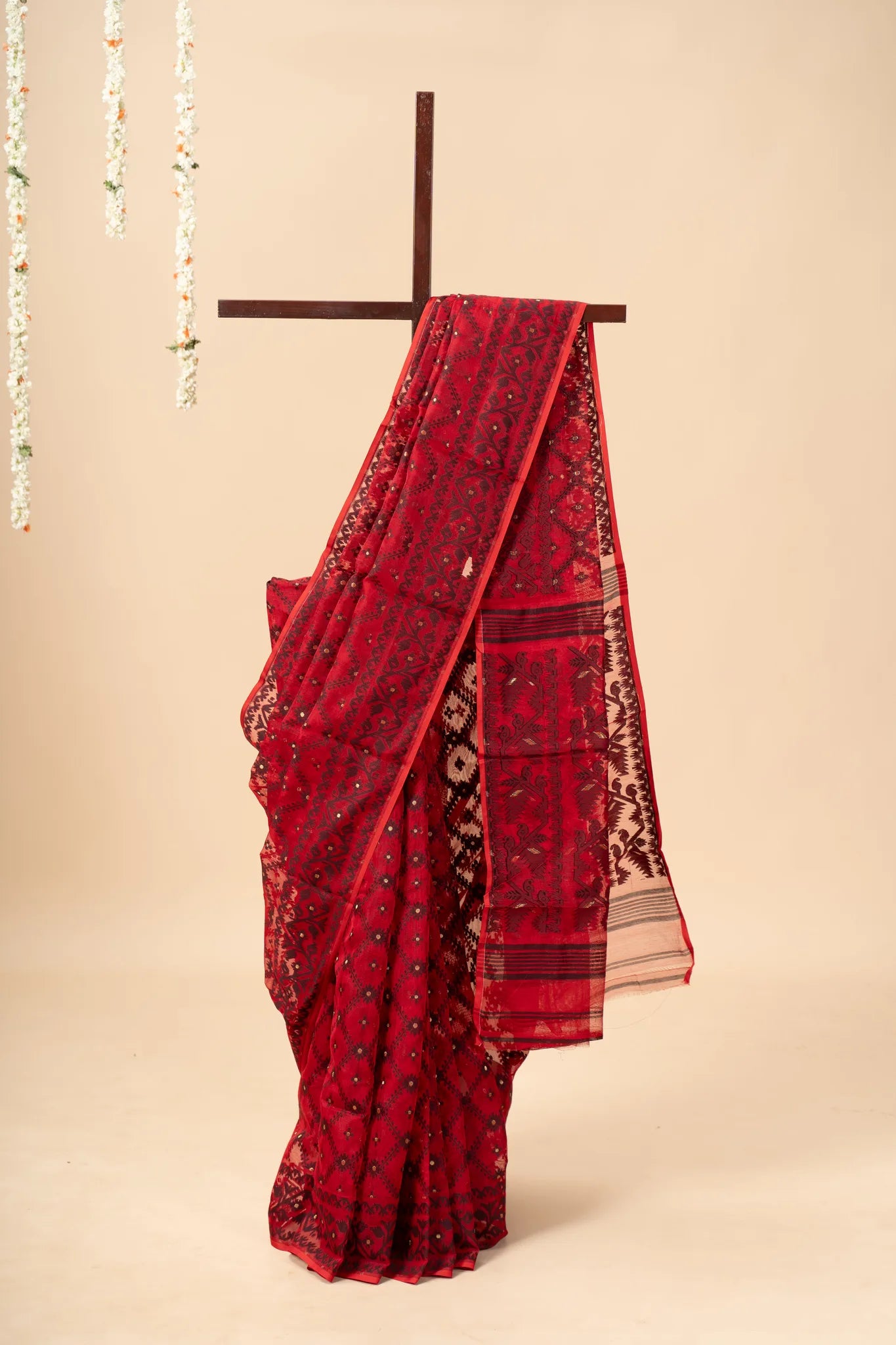 Red with Black design Dhakai Jamdani saree - view 2