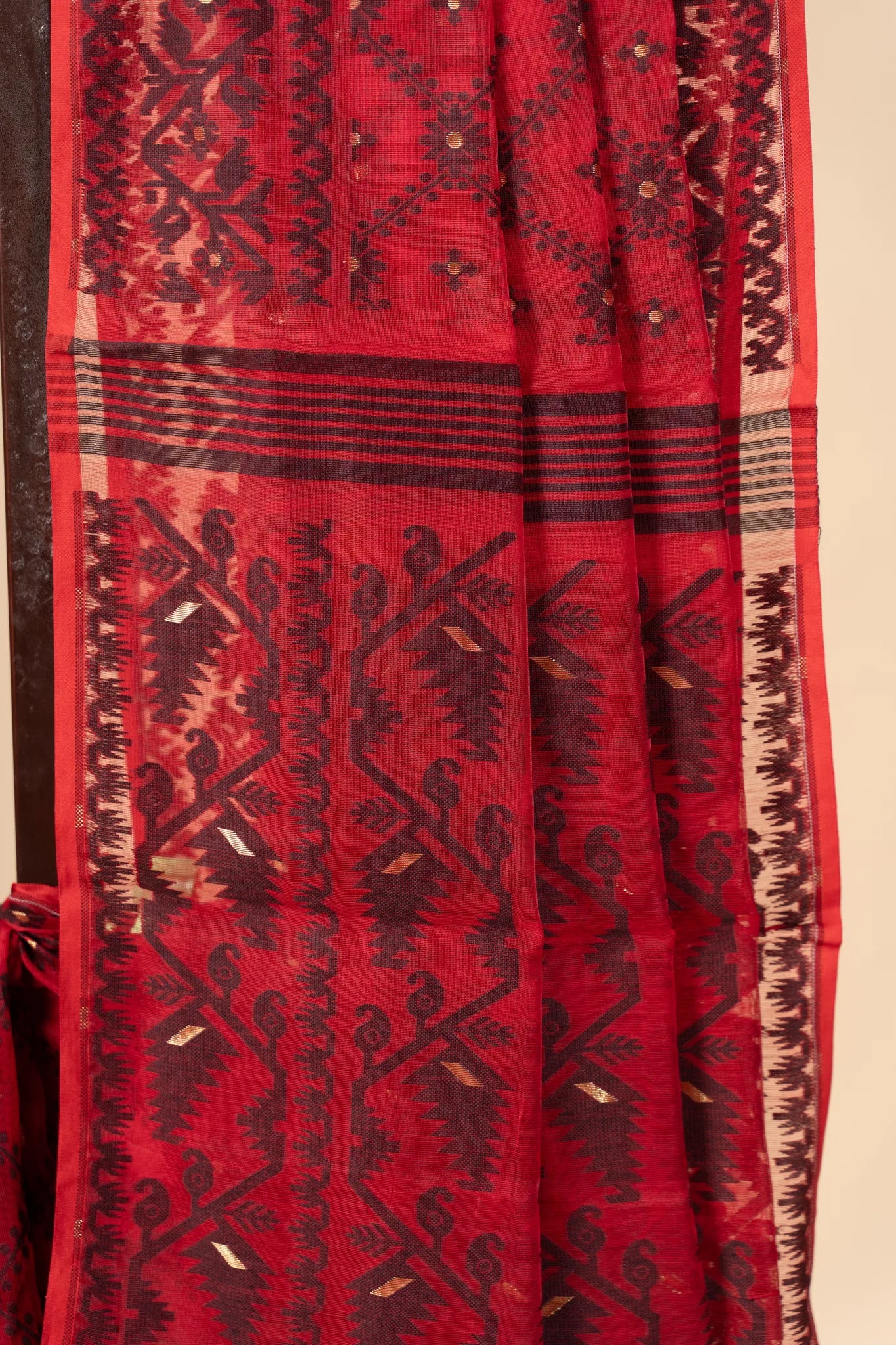 Red with Black design Dhakai Jamdani saree - view 3