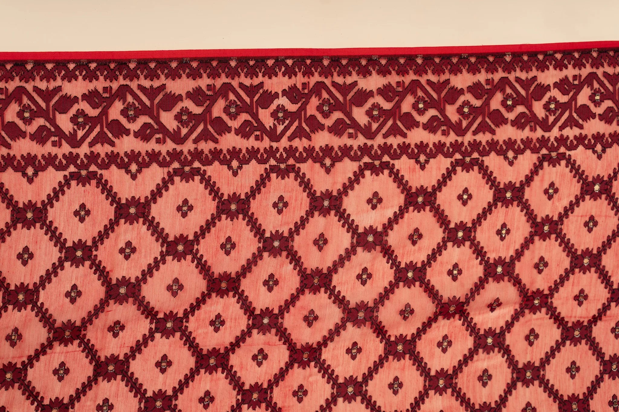 Red with Black design Dhakai Jamdani saree - view 4