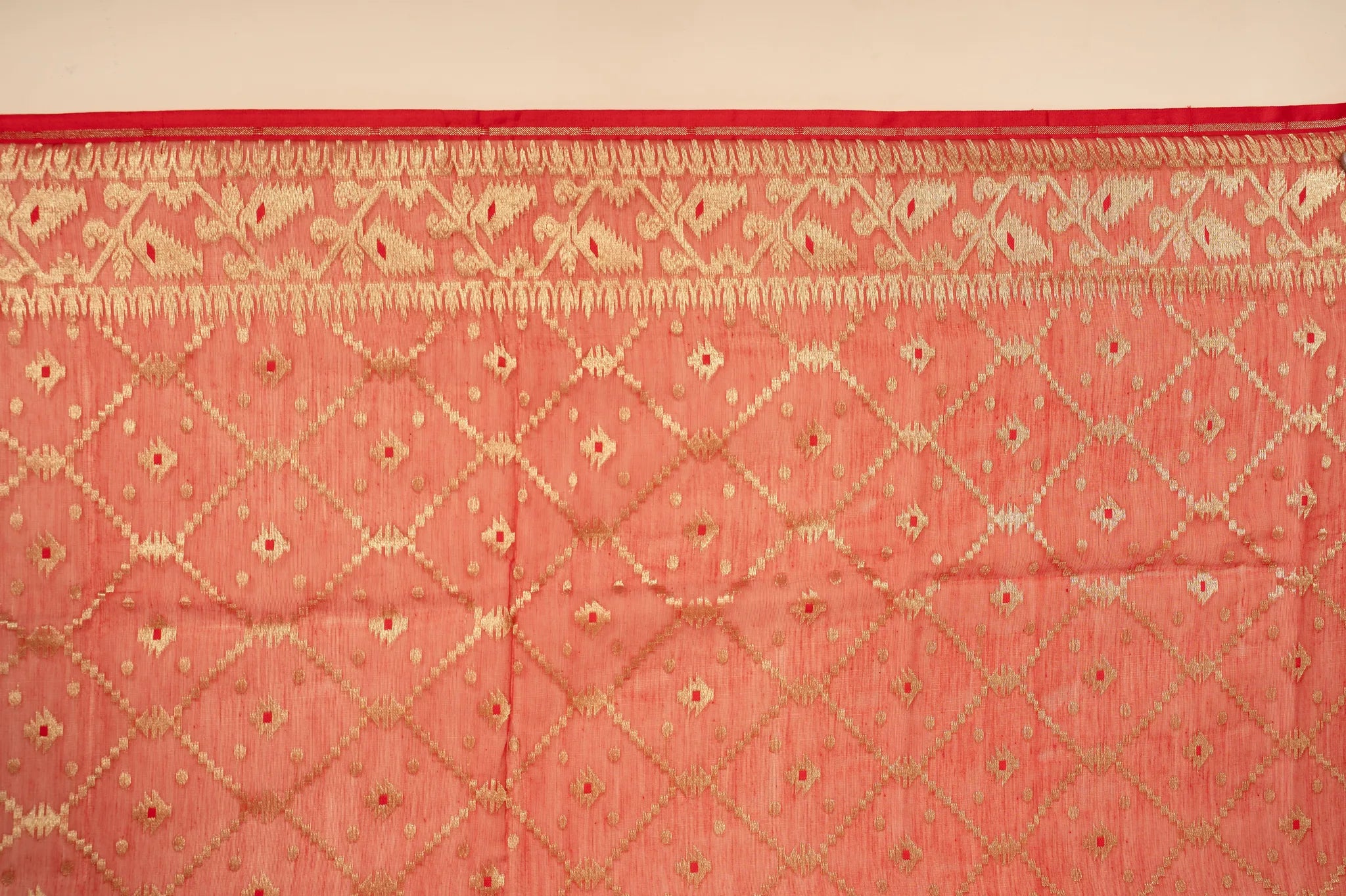 Red With Golden Zari Jhakai Jamdani Saree - view 4