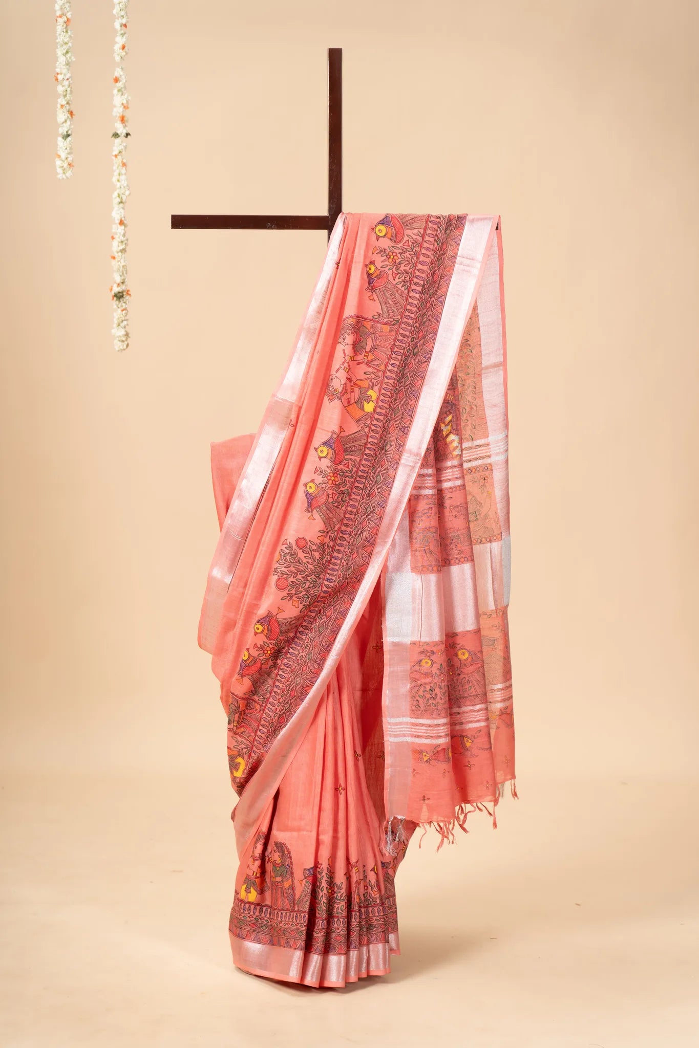 Rose Pink Hand-Painted Madhubani Linen Saree - view 2