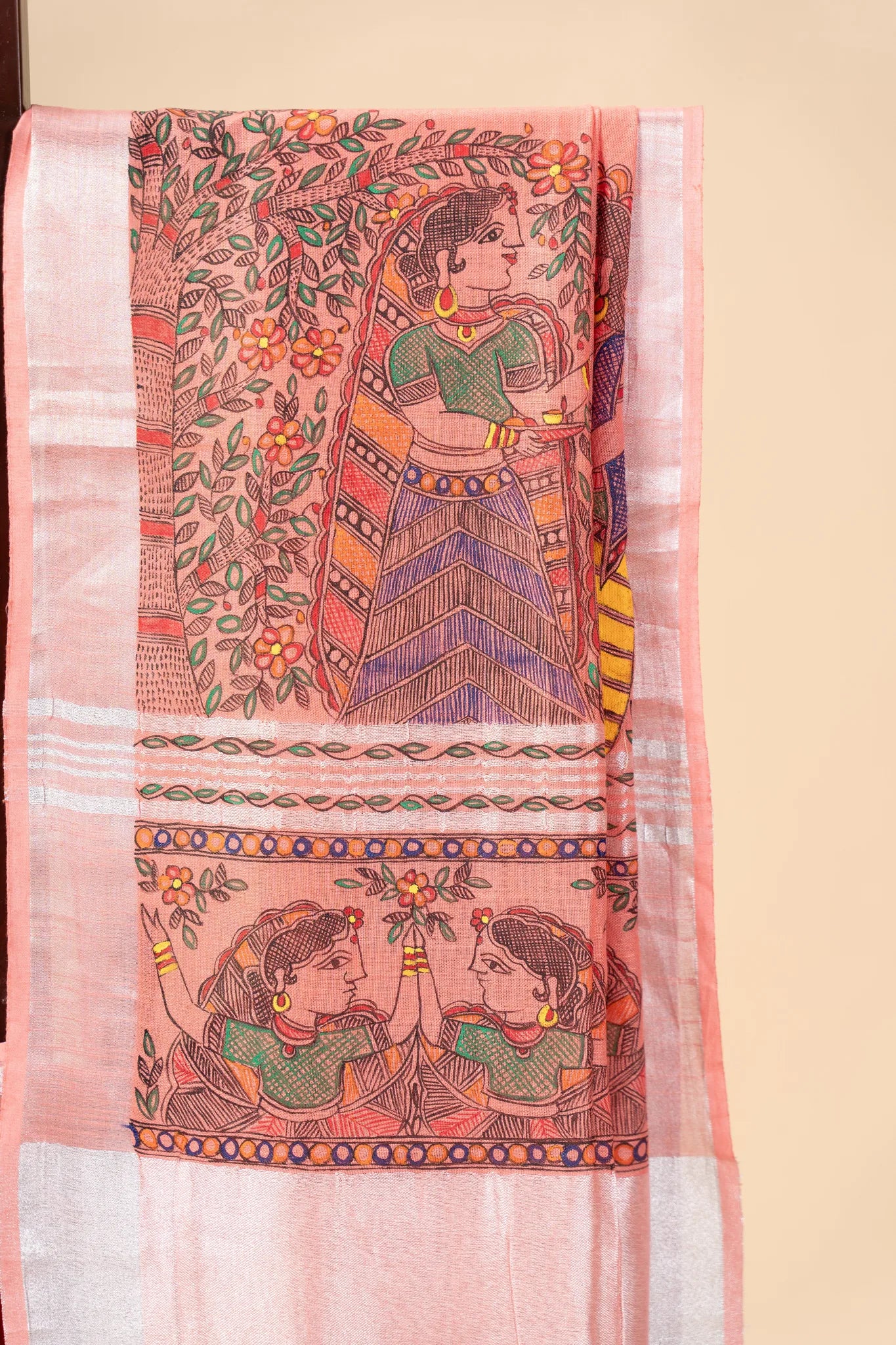 Rose Pink Hand-Painted Madhubani Linen Saree - view 3