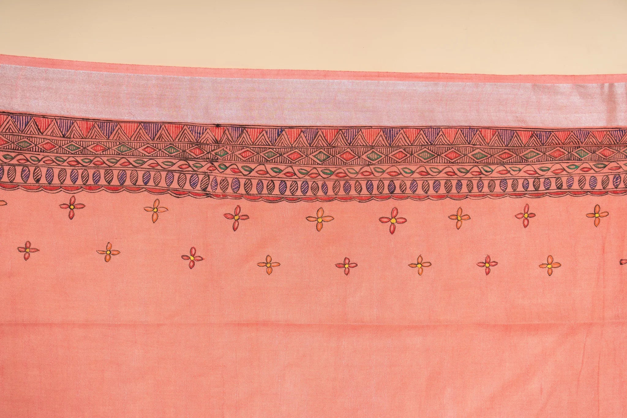 Rose Pink Hand-Painted Madhubani Linen Saree - view 4