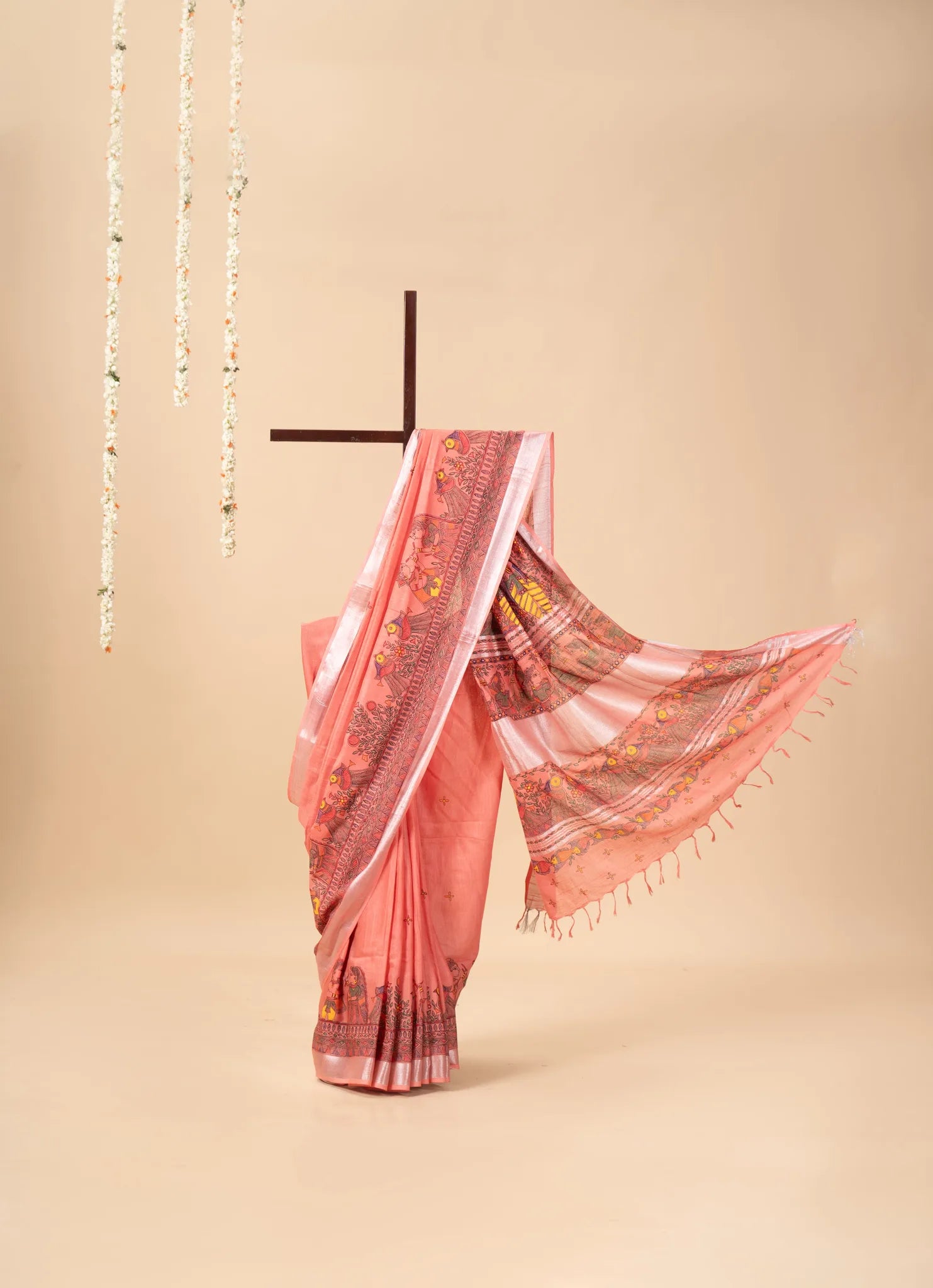 Rose Pink Hand-Painted Madhubani Linen Saree