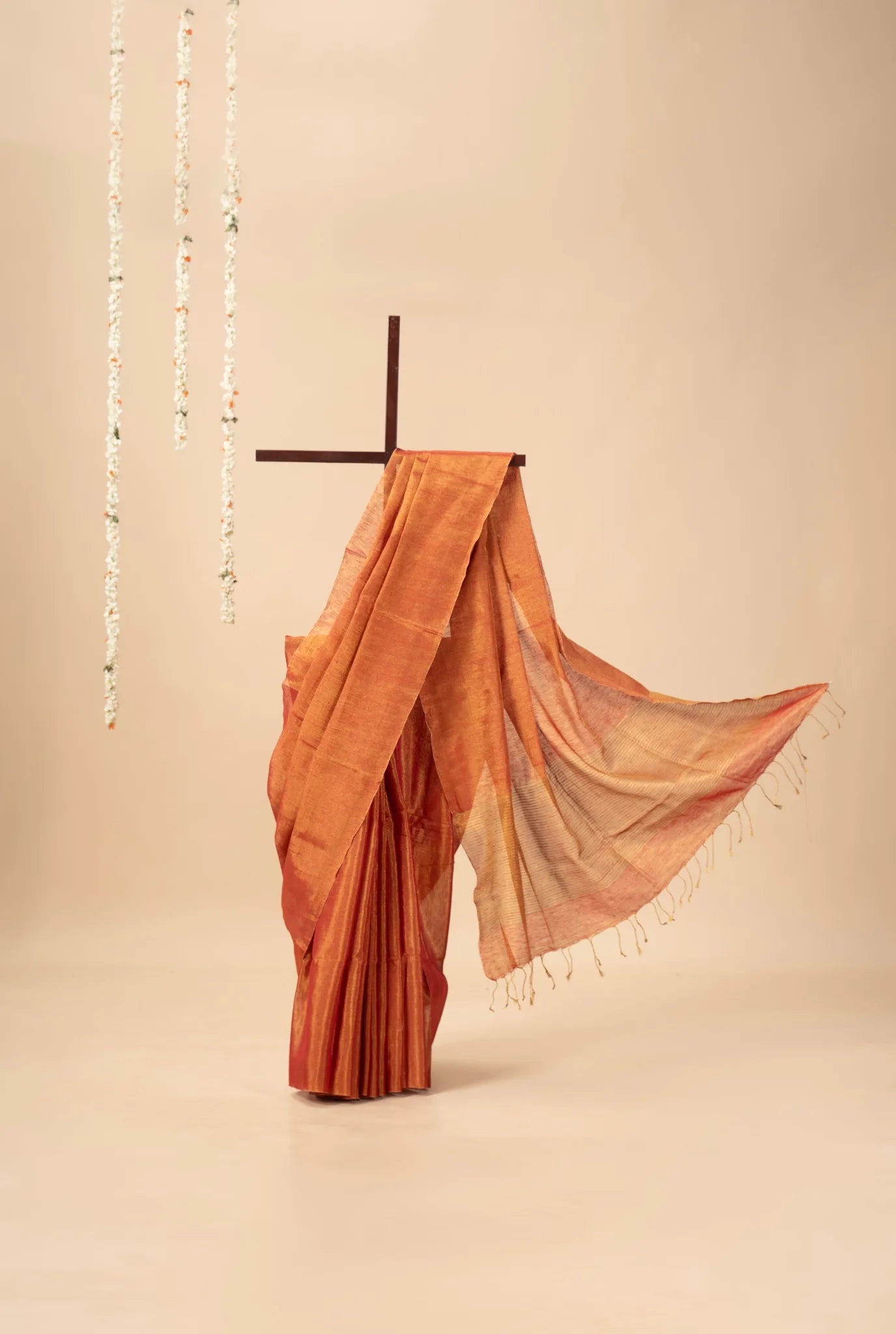 Rust Orange Light Weight Zari Linen Saree - view 2