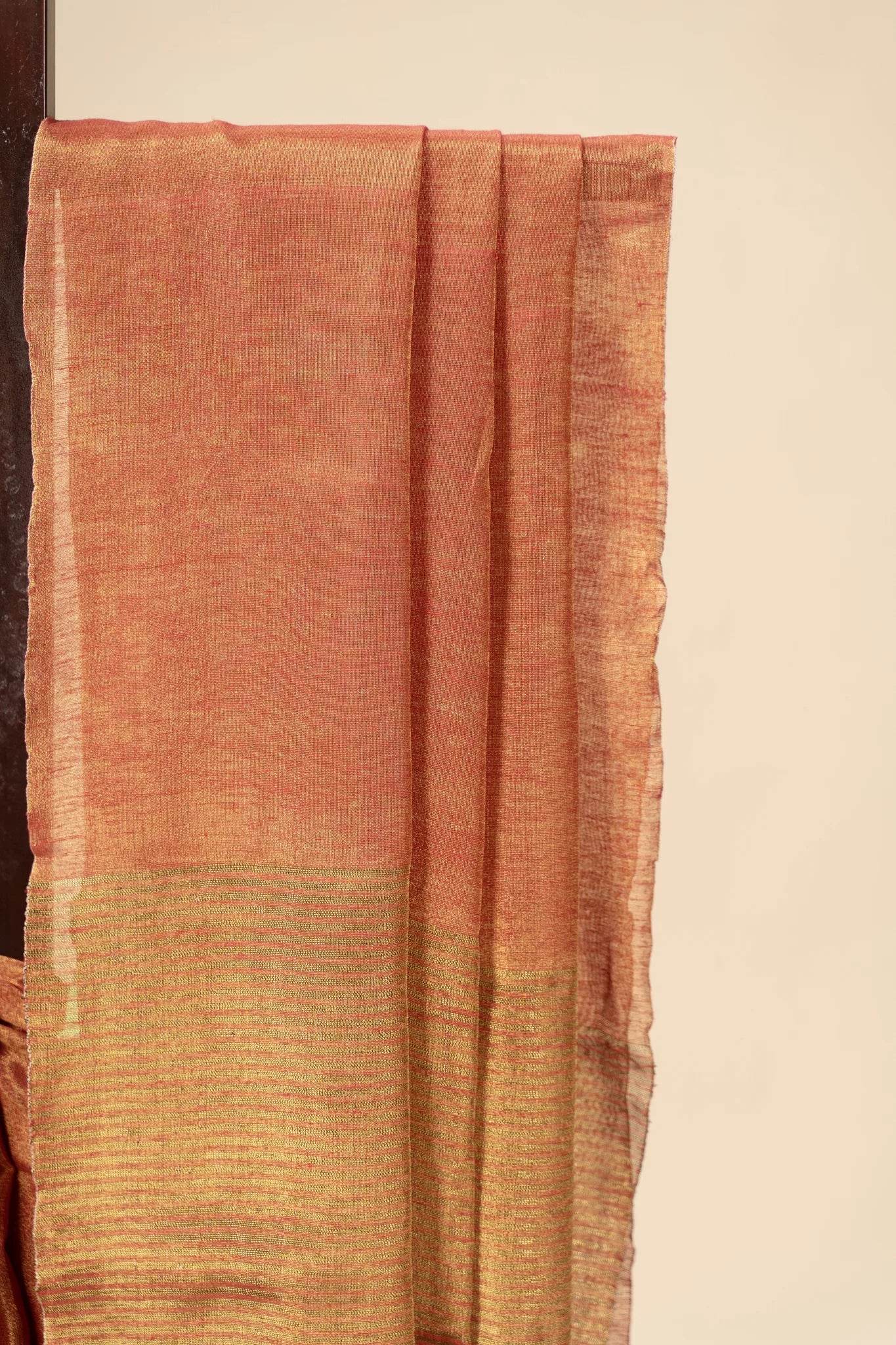Rust Orange Light Weight Zari Linen Saree - view 3