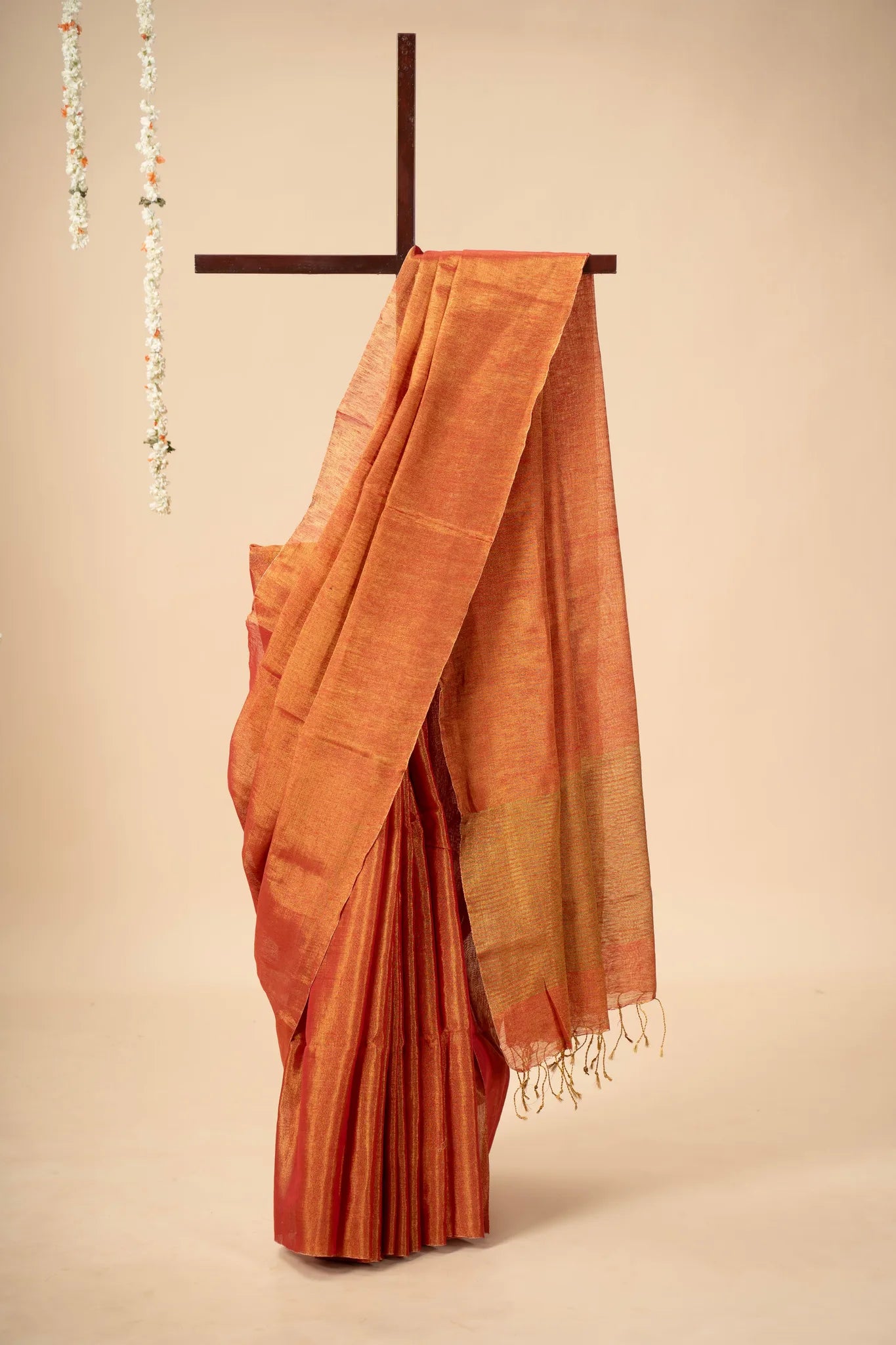 Rust Orange Light Weight Zari Linen Saree