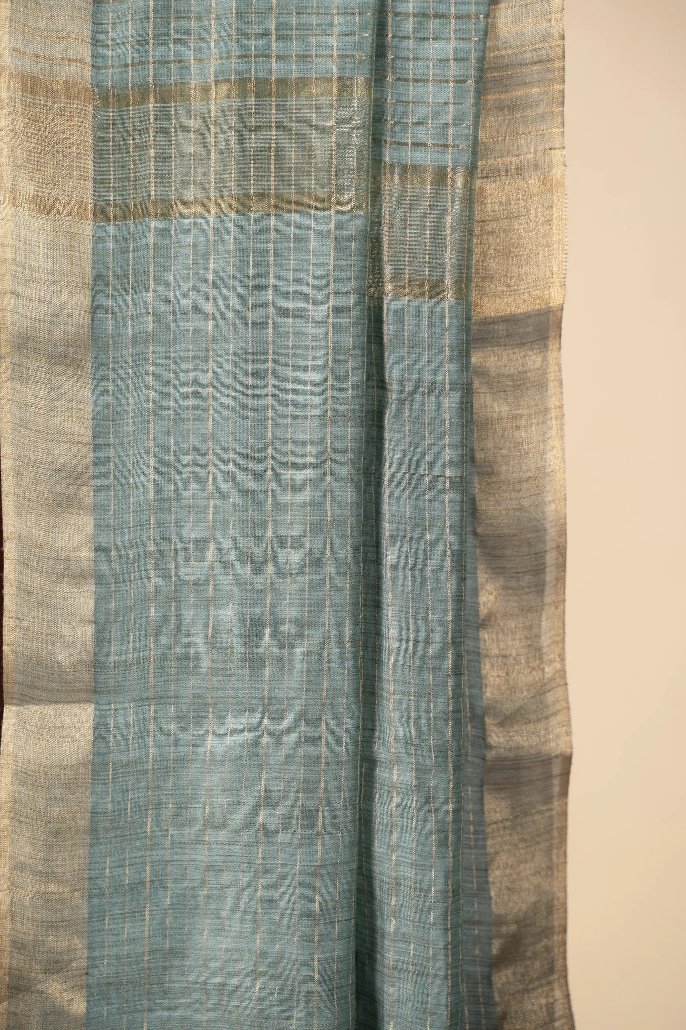 Sage Green Check Patterned Semi Tussar Silk Saree With Golden Zari - view 3