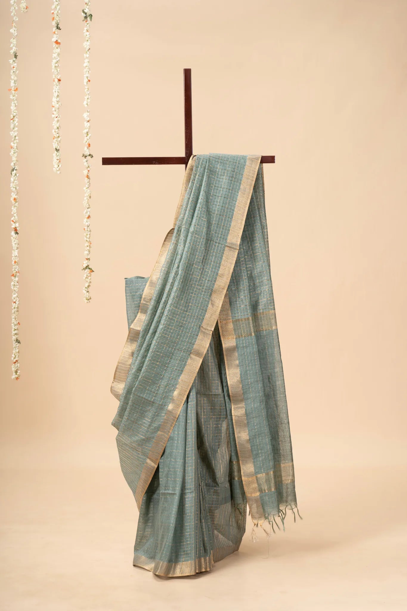 Sage Green Check Patterned Semi Tussar Silk Saree With Golden Zari
