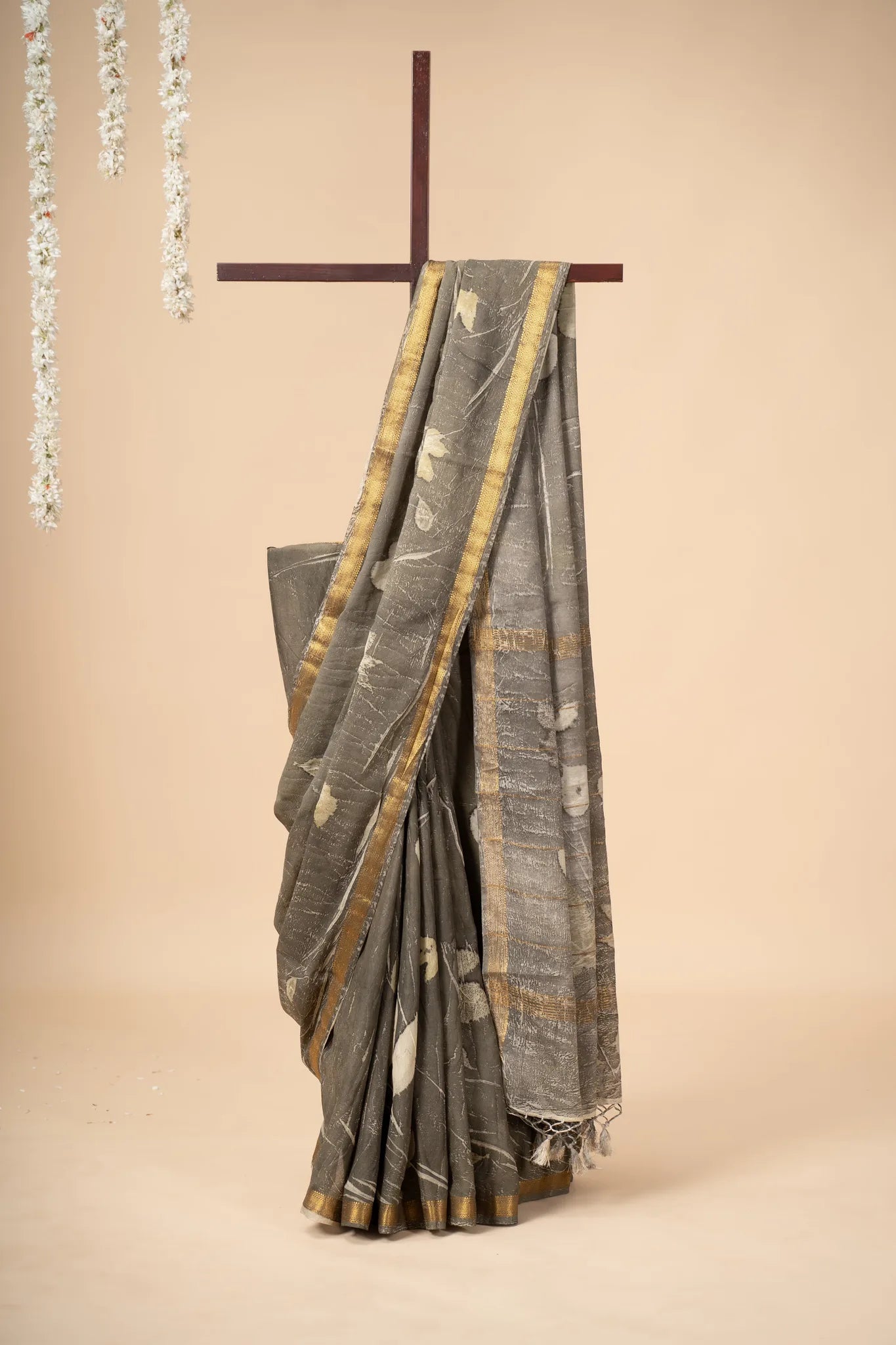 Grey Eco Print Chanderi Silk Saree