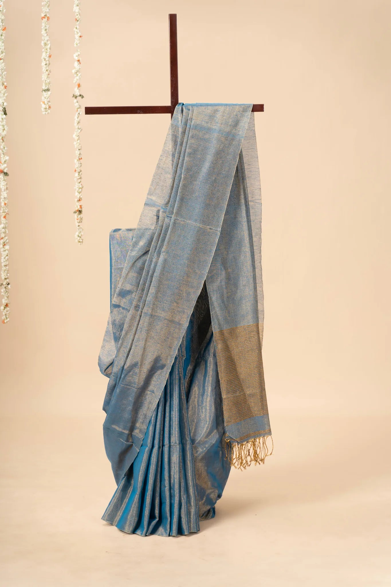Steel Blue Light Weight Zari Linen Saree - view 2