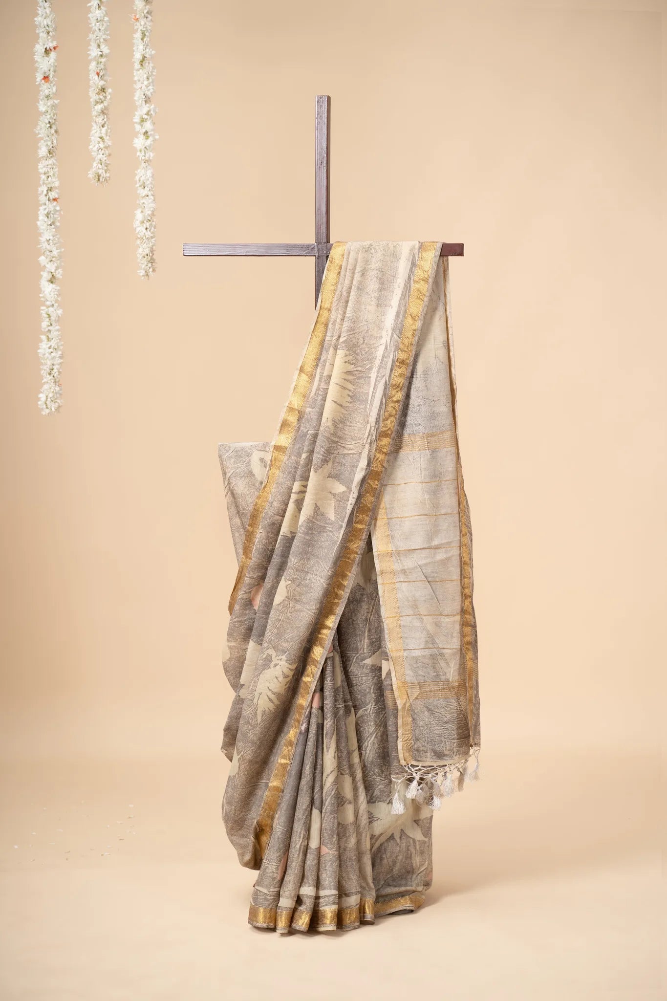 Grey Eco Print Chanderi Silk Saree