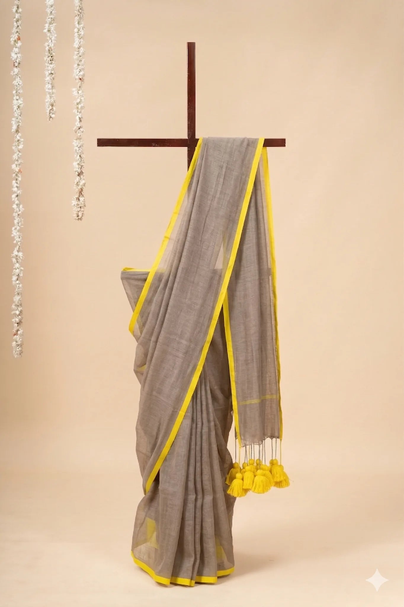 Grey Mul Cotton Saree with Yellow Pom-Pom - view 2