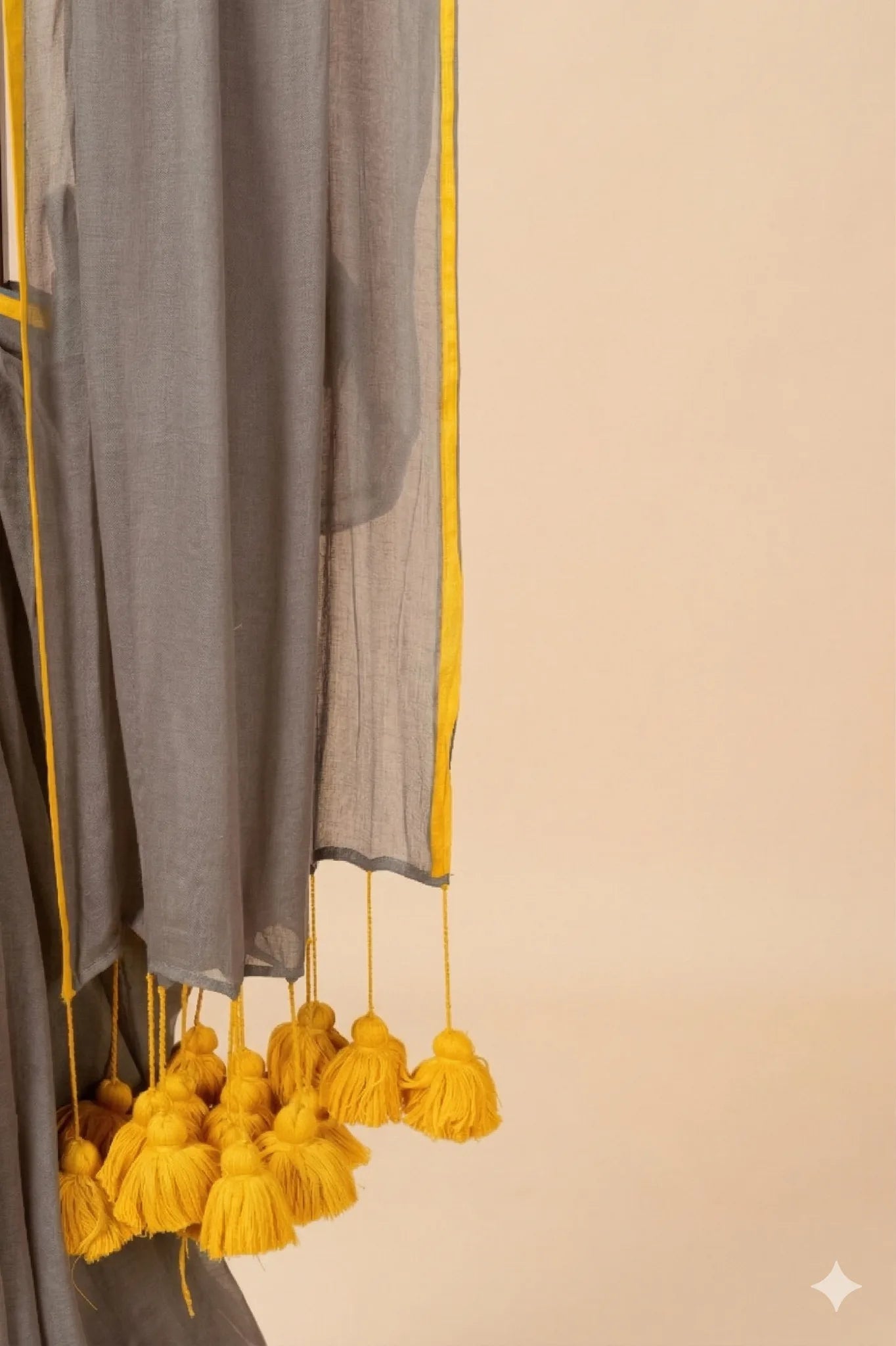 Grey Mul Cotton Saree with Yellow Pom-Pom - view 3