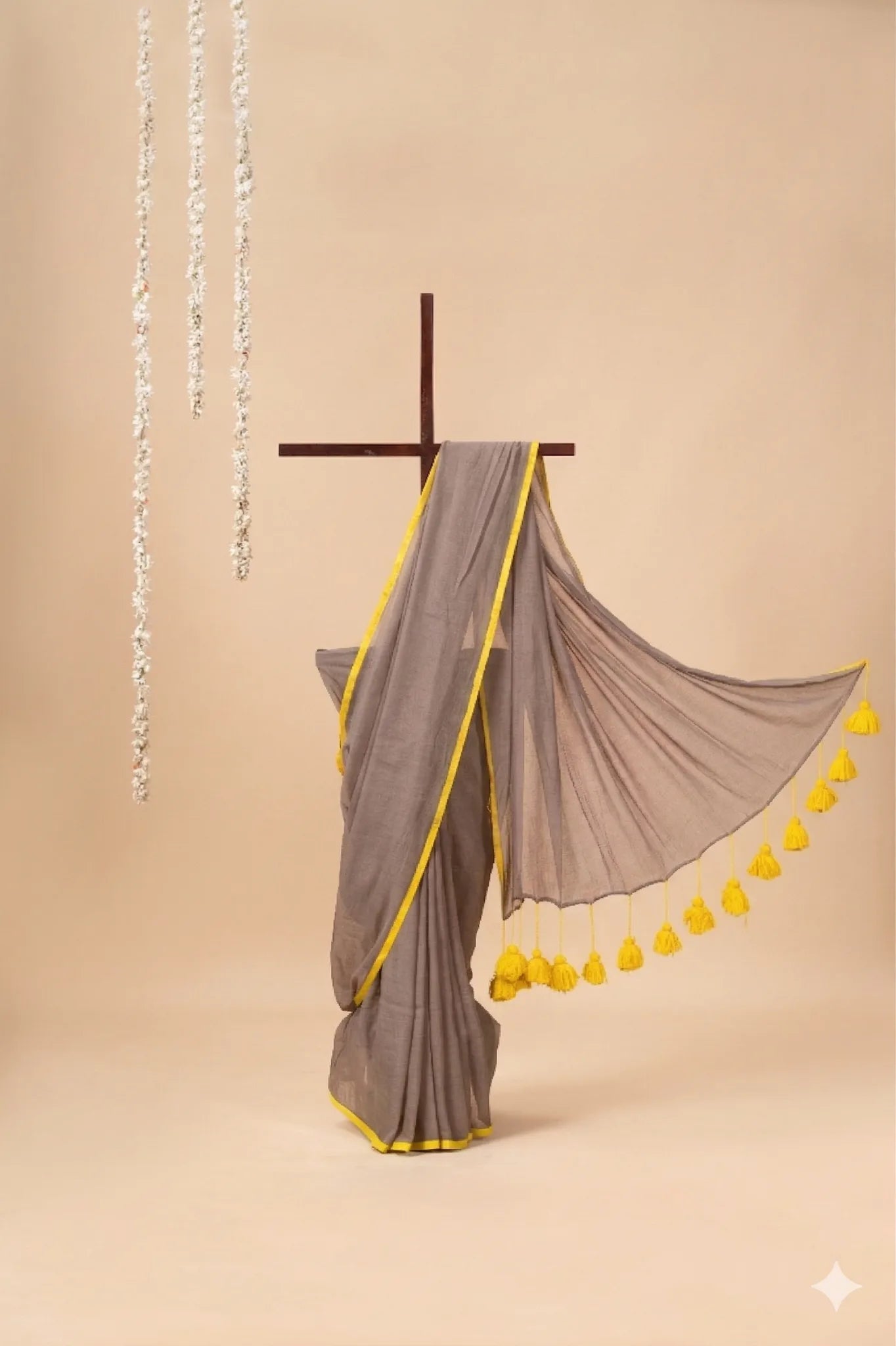 Grey Mul Cotton Saree with Yellow Pom-Pom