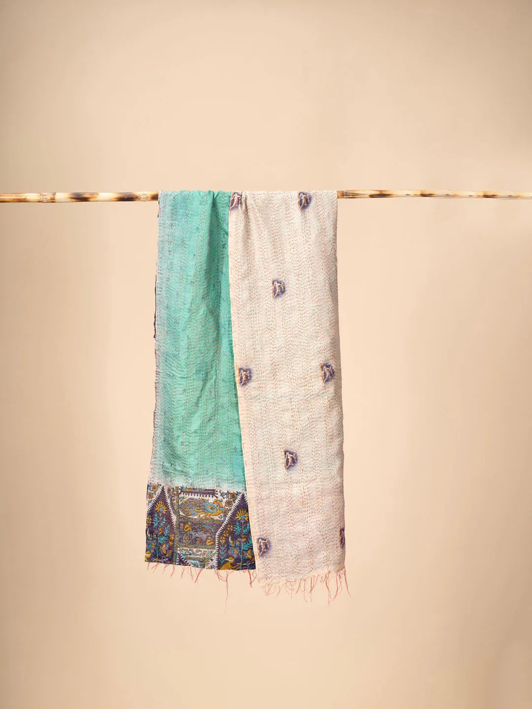 Reversible Up-cycled reversible silk Kantha Stitch Dupatta - view 4