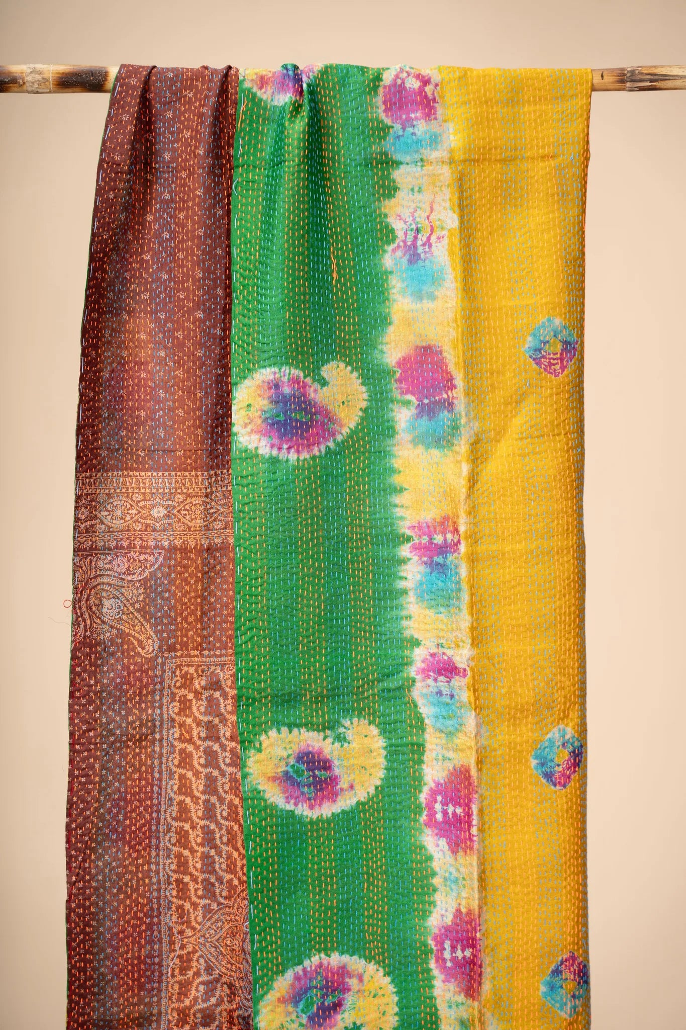 Reversible Up-cycled reversible silk Kantha Stitch Dupatta - view 3