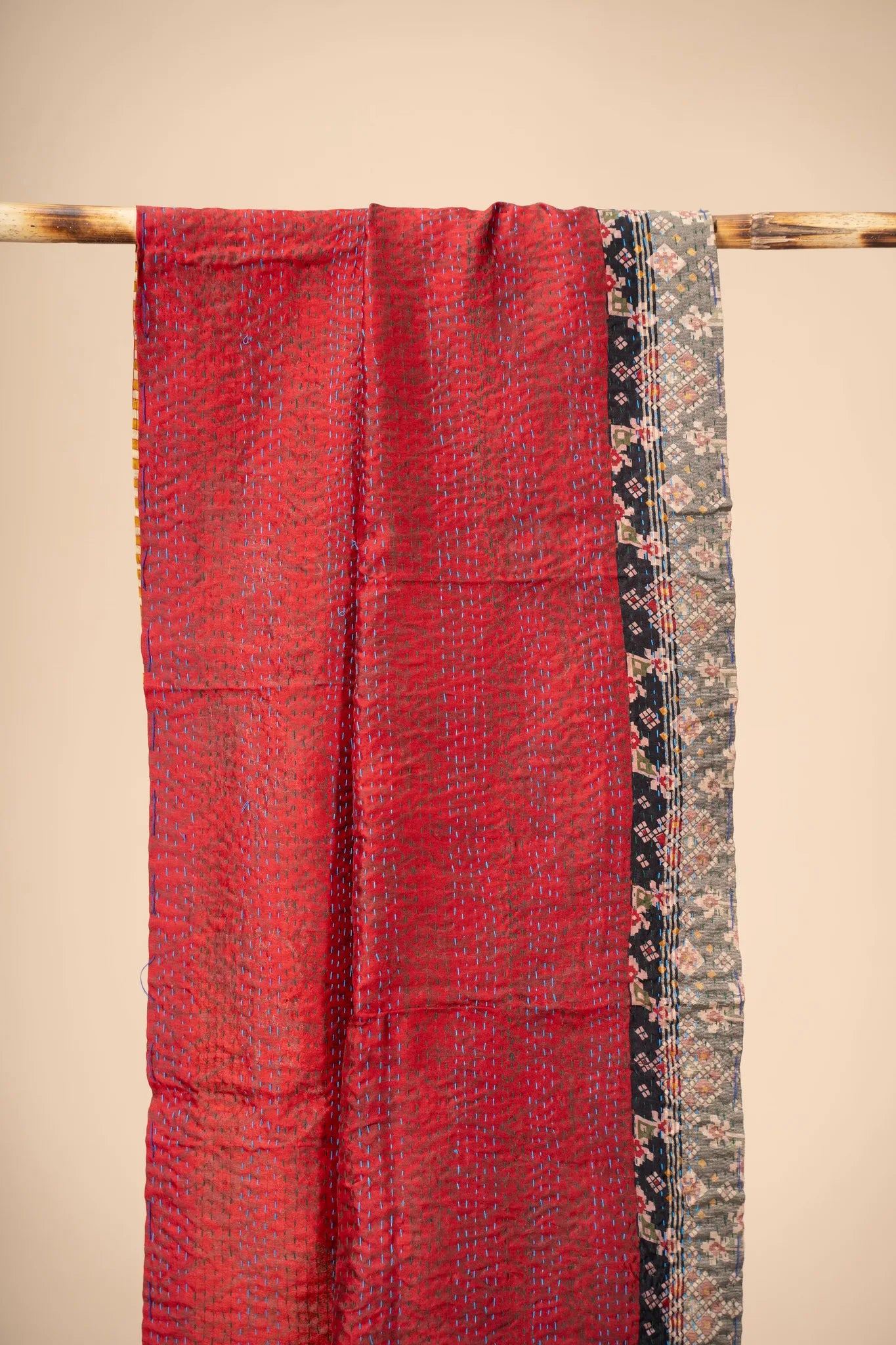 Reversible Up-cycled reversible silk Kantha Stitch Dupatta - view 4