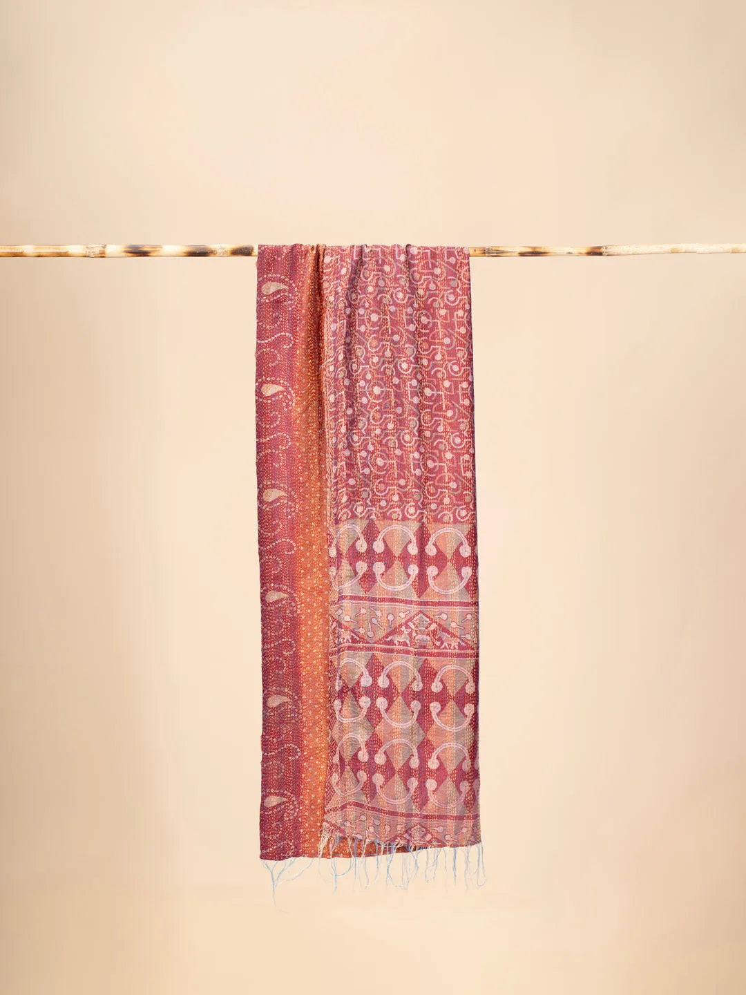 Reversible Up-cycled reversible silk Kantha Stitch Dupatta - view 4