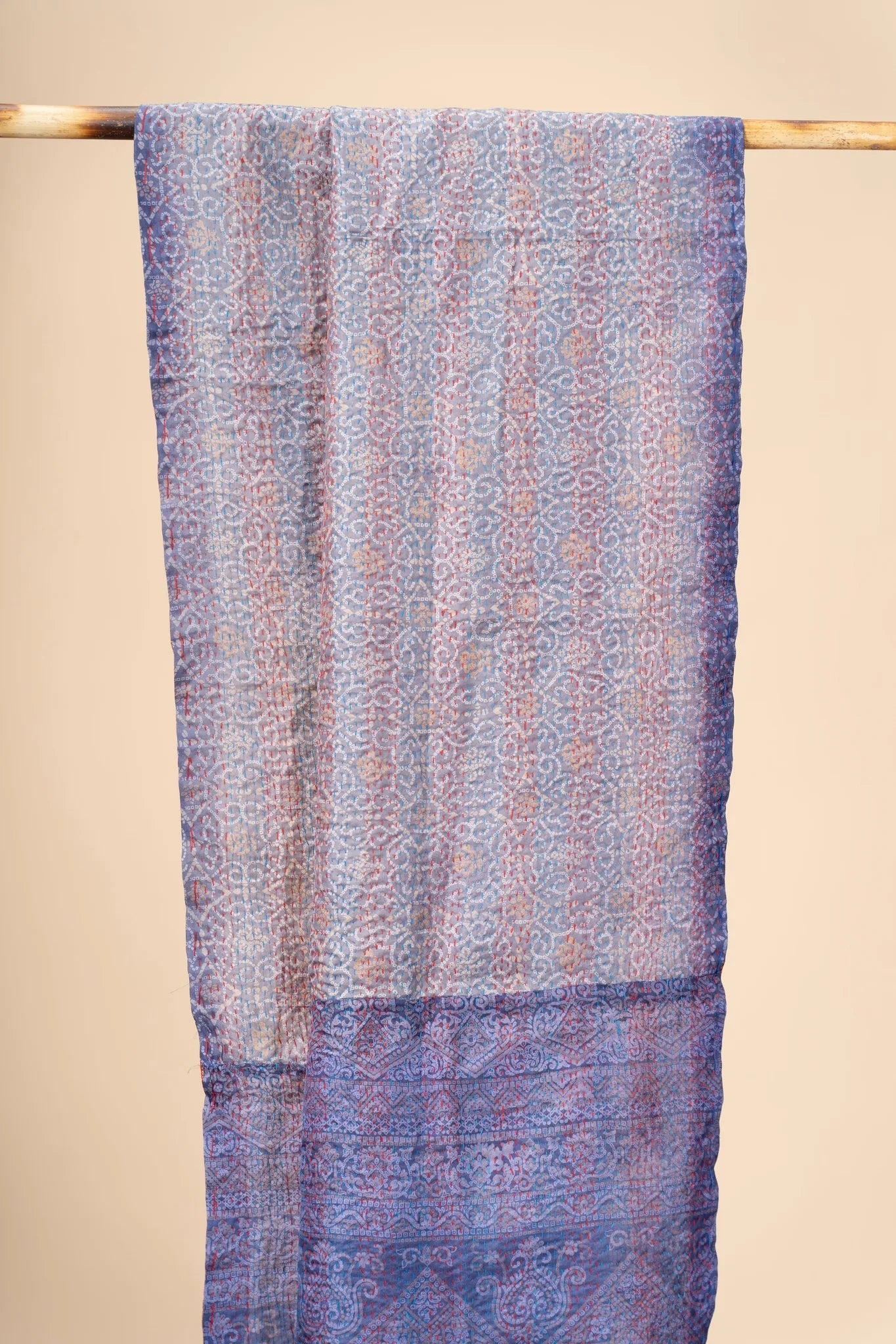 Reversible Up-cycled reversible silk Kantha Stitch Dupatta - view 3