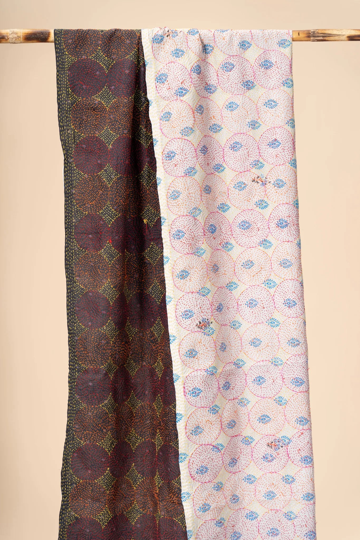 Reversible Up-cycled reversible silk Kantha Stitch Dupatta - view 4