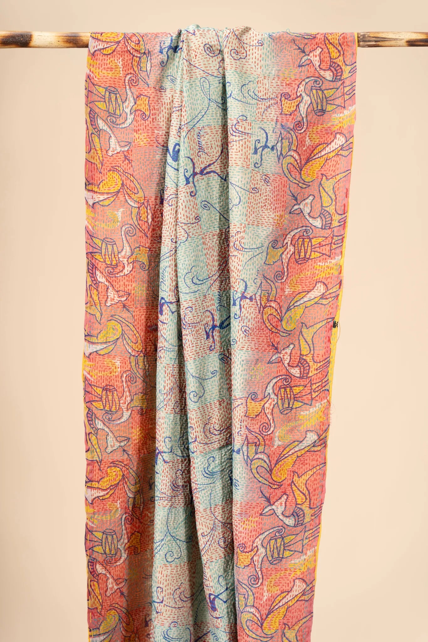 Reversible Up-cycled reversible silk Kantha Stitch Dupatta - view 3
