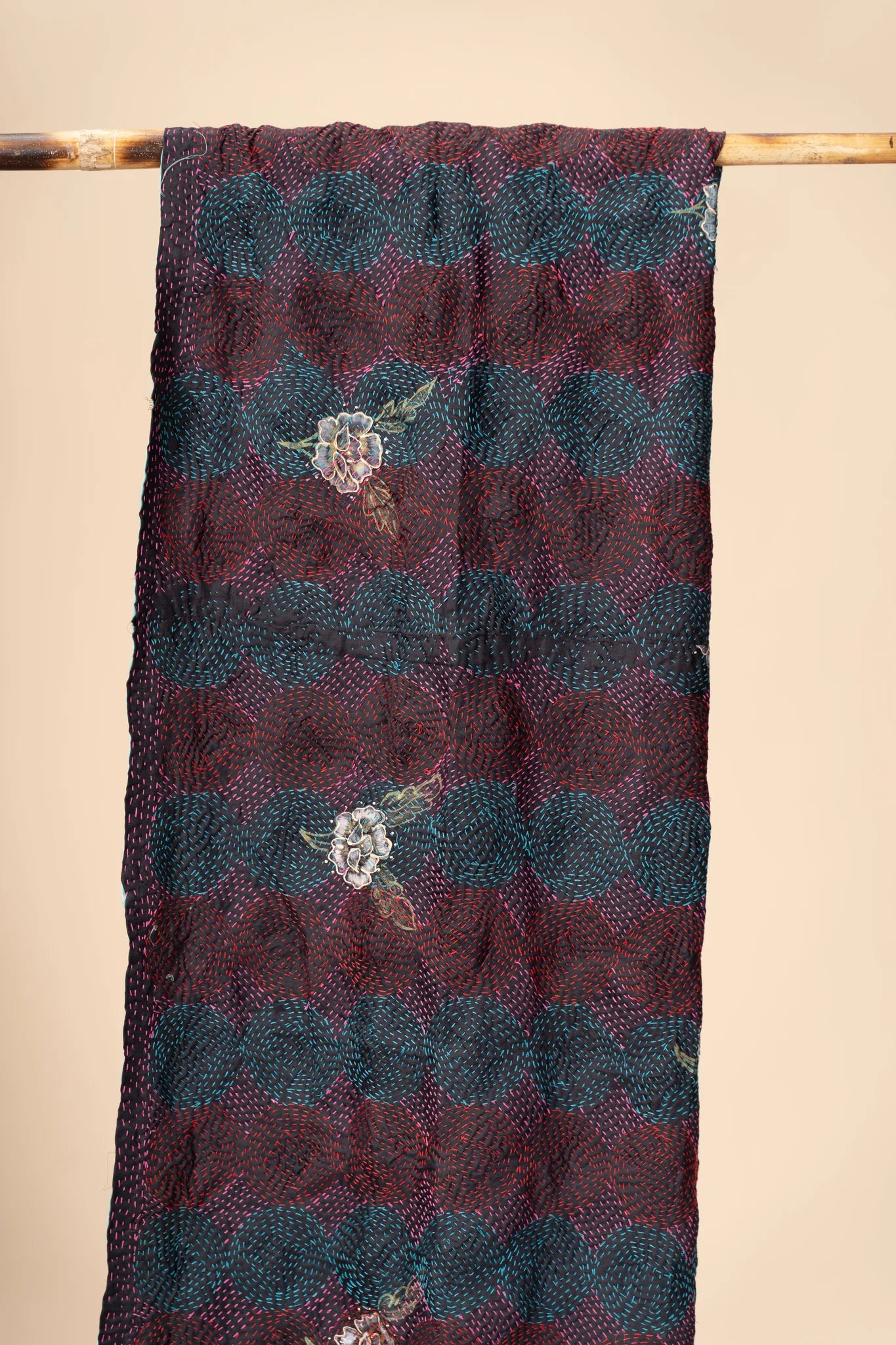 Reversible Up-cycled reversible silk Kantha Stitch Dupatta - view 2