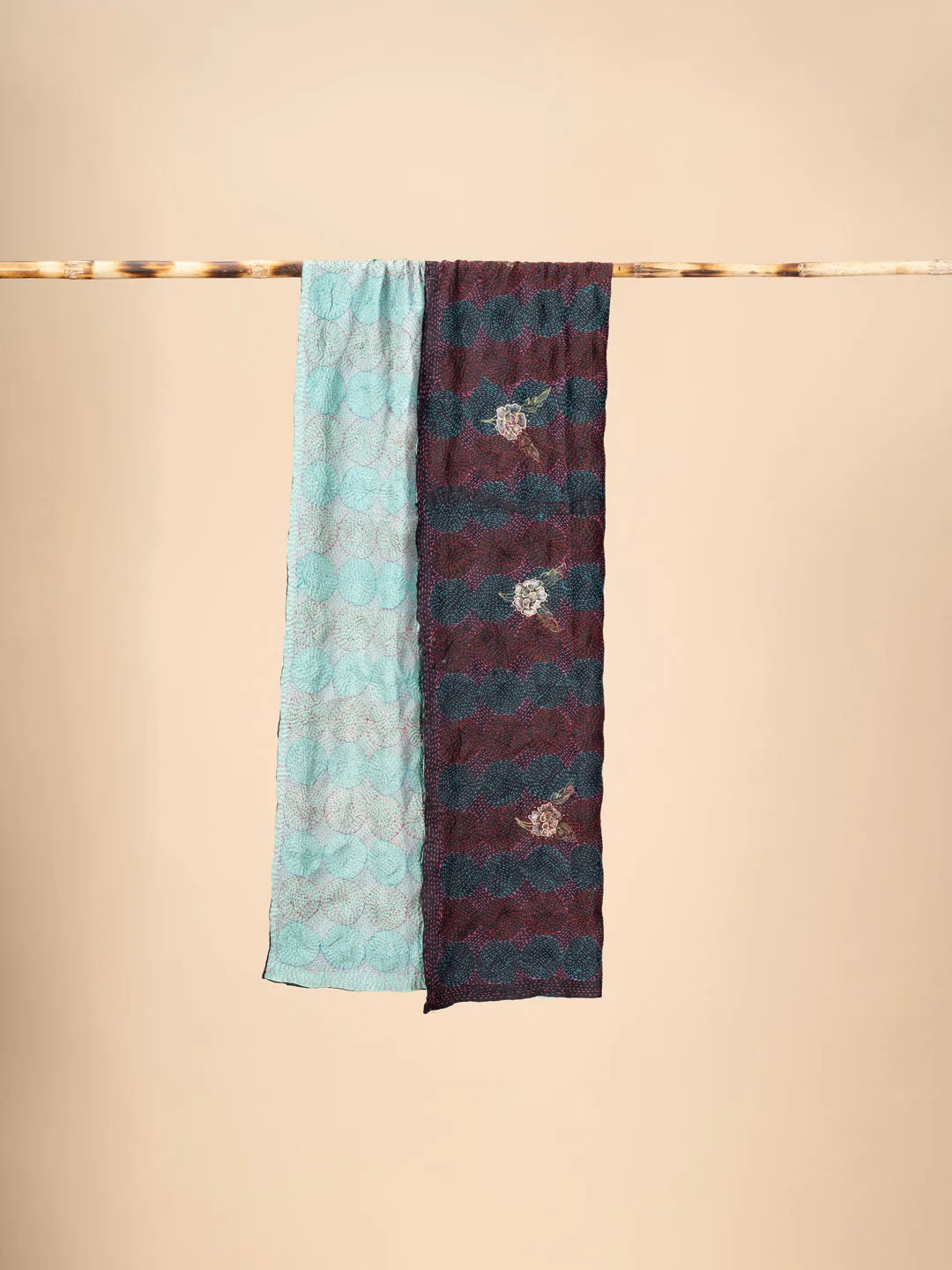 Reversible Up-cycled reversible silk Kantha Stitch Dupatta - view 4
