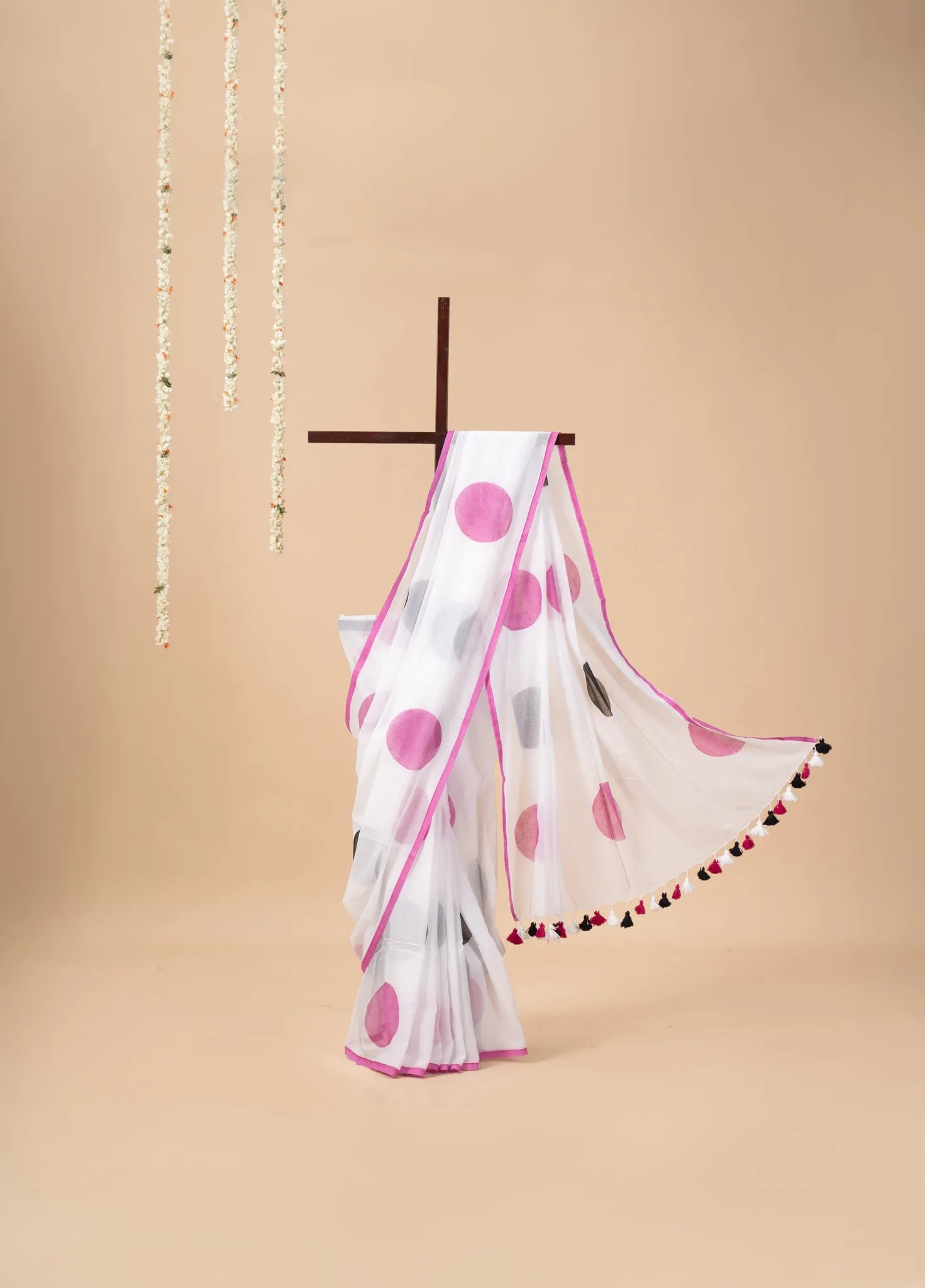 White Mul Cotton Saree with Polka Dots - view 2