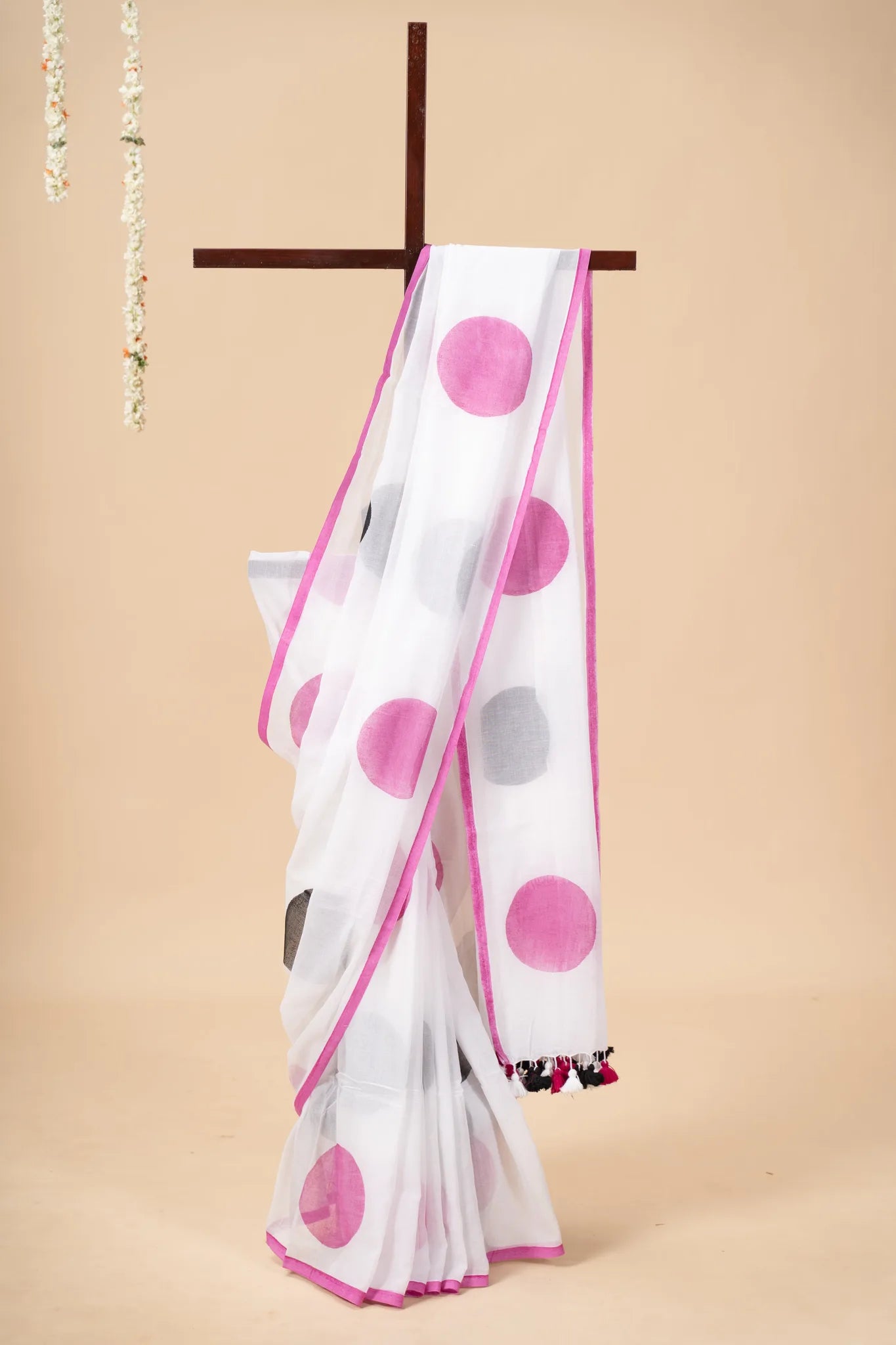 White Mul Cotton Saree with Polka Dots