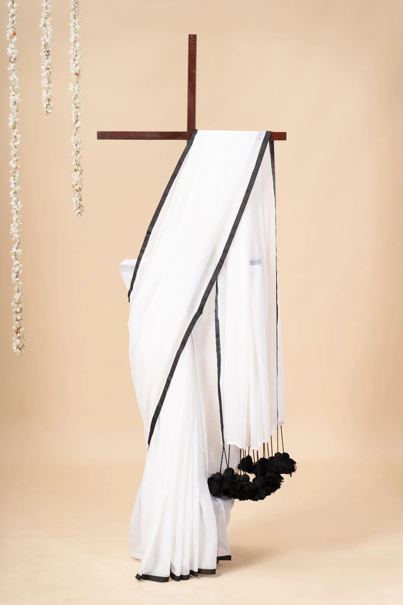 White Mul Cotton Saree with Black Pom-Pom